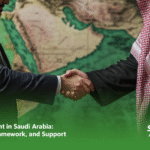 oreign investment in Saudi Arabia – business meeting with charts and Saudi map